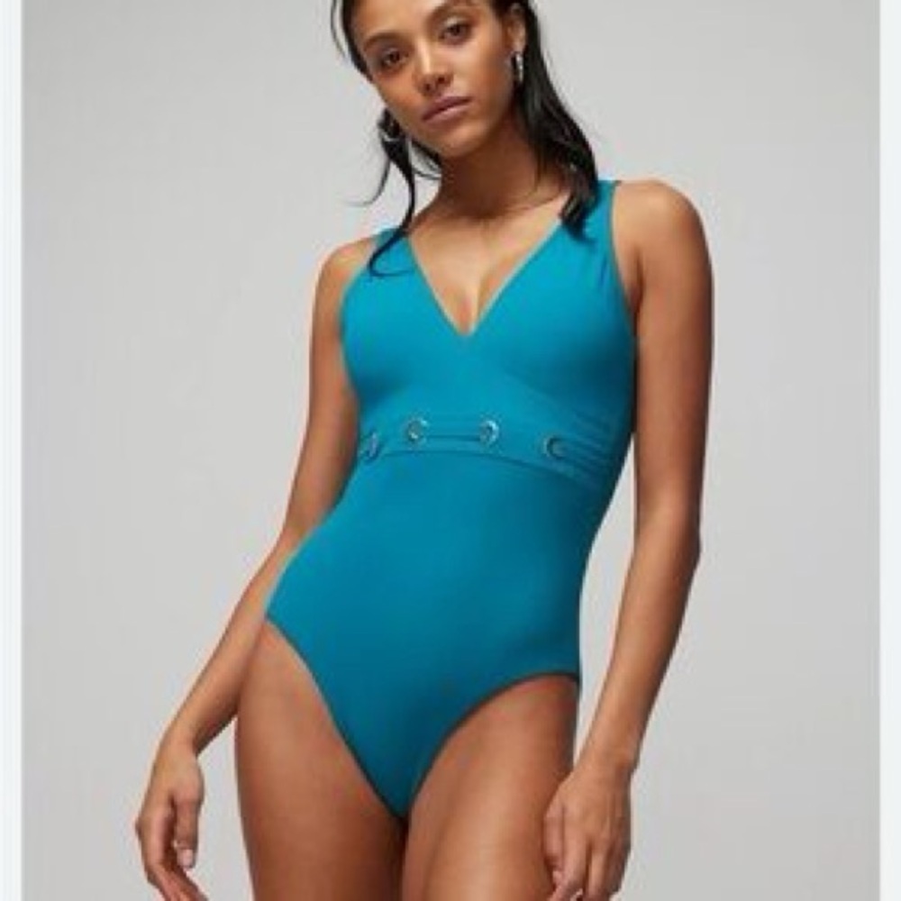 XL WHBM White House Black Market Teal One Piece swimsuit swim grommets wrap
